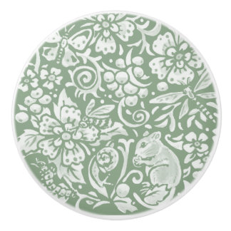 Sage Green White Garden Animals Floral Pattern C Ceramic Knob