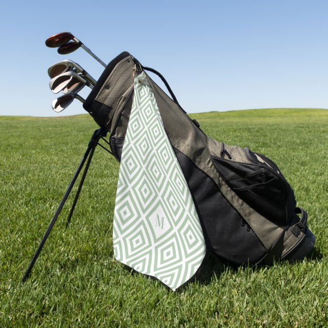 Sage Green White Geometric Pattern Monogram Golf Towel (Green)