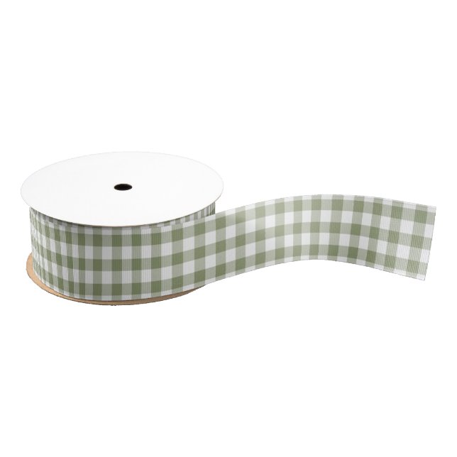 Sage Green White Gingham Checks Pattern Elegant Grosgrain Ribbon (Spool)