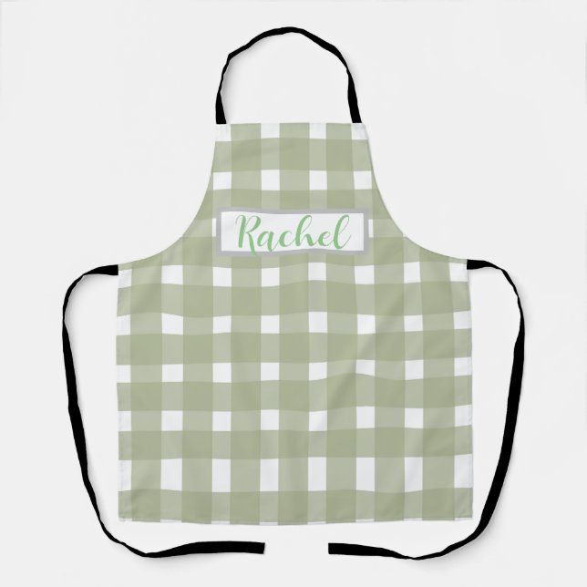 Sage Green White Gingham Personalised  Apron (Front)