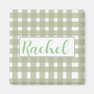 Sage Green White Gingham Personalised Magnet