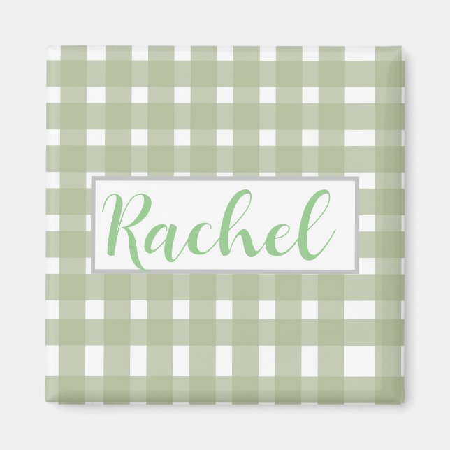 Sage Green White Gingham Personalised  Magnet (Front)