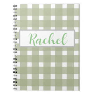 Sage Green White Gingham Personalised  Notebook