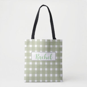 Sage Green White Gingham Personalised Tote Bag