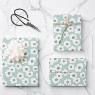 Sage Green White Grey Floral Boho Trendy  Wrapping Paper Sheet