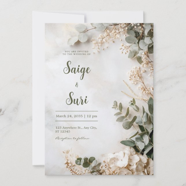 Sage Green White Hydrangea Minimalist Wedding Invitation (Front)