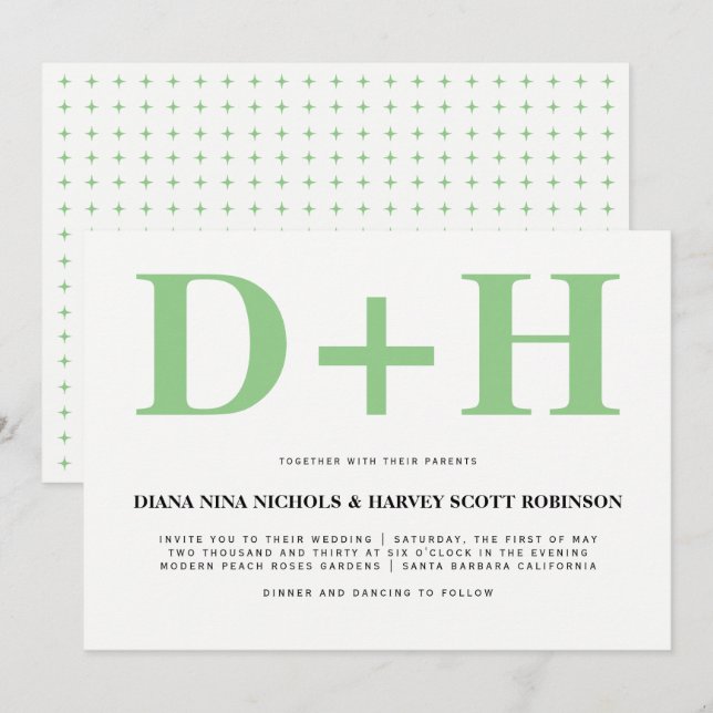 Sage green, white initials bold typography wedding invitation (Front/Back)