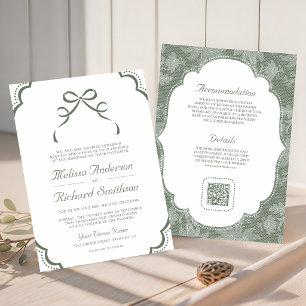 Sage Green White Lace Coquette Bow QR Code Wedding Invitation