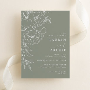 Sage Green White Line Art Floral Wedding Invitation