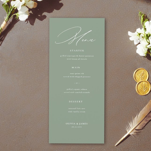 Sage Green White Modern Calligraphy Wedding Menu (sage green wedding menu elegant modern calligraphy white simple contemporary stylish)
