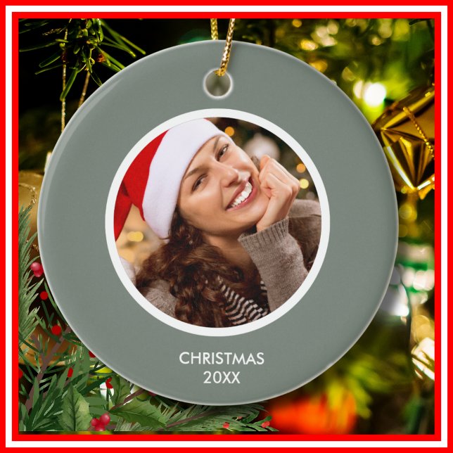 Sage Green & White Modern Initials Monogram PHOTO Ceramic Tree Decoration (Creator Uploaded)