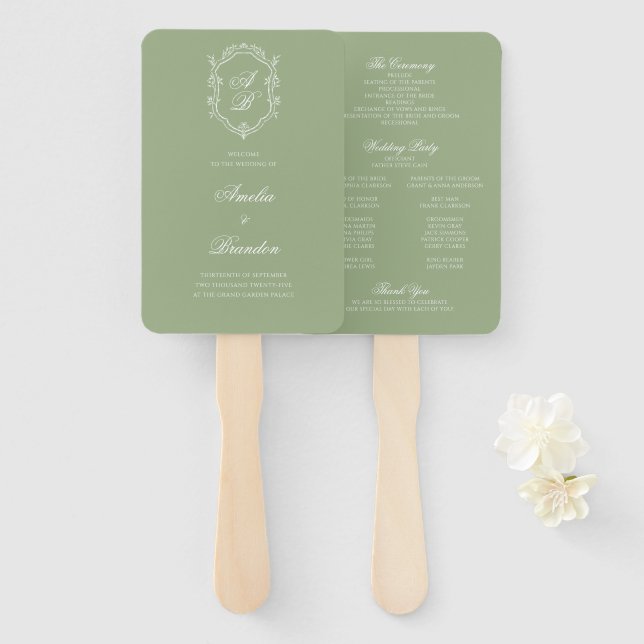 Sage Green & White Monogram Crest Wedding Program Hand Fan (Front and Back)