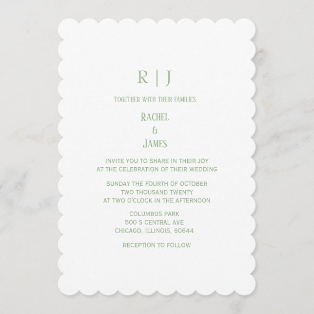Sage Green White Monogram Initials Classy Wedding Invitation (Front)