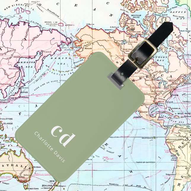 Sage green white monogram initials luggage tag (Creator Uploaded)