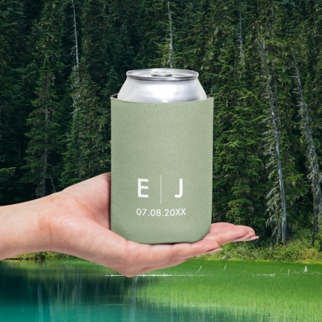 Sage Green & White Monogram Wedding Can Cooler (Creator Uploaded)
