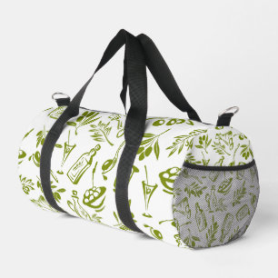 Sage Green White Olive Leaf Mediterranean Pattern Duffle Bag