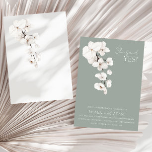 Sage Green White Orchid She Said Yes Engagement Invitation