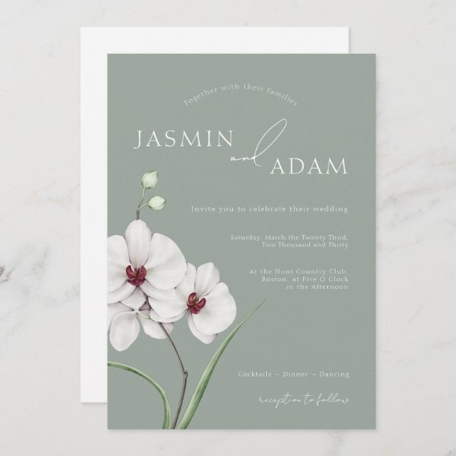 Sage Green White Orchids Initials Floral Wedding Invitation (Front/Back)