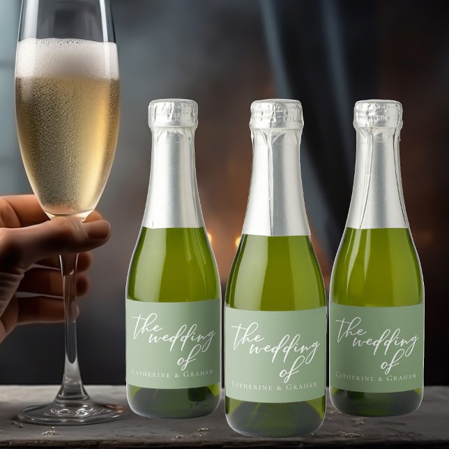 Sage Green White Personalised Wedding Mini Sparkling Wine Label (Creator Uploaded)