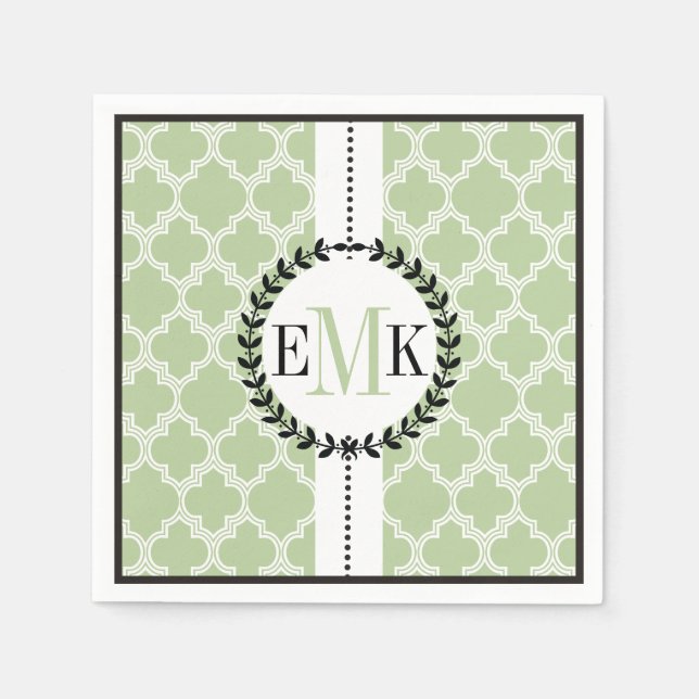 Sage green, white quatrefoil pattern wedding napkin (Front)