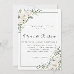 Sage Green White Rose Floral Wedding Invitation