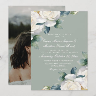 Sage Green & White Rose Floral Wedding Invitation