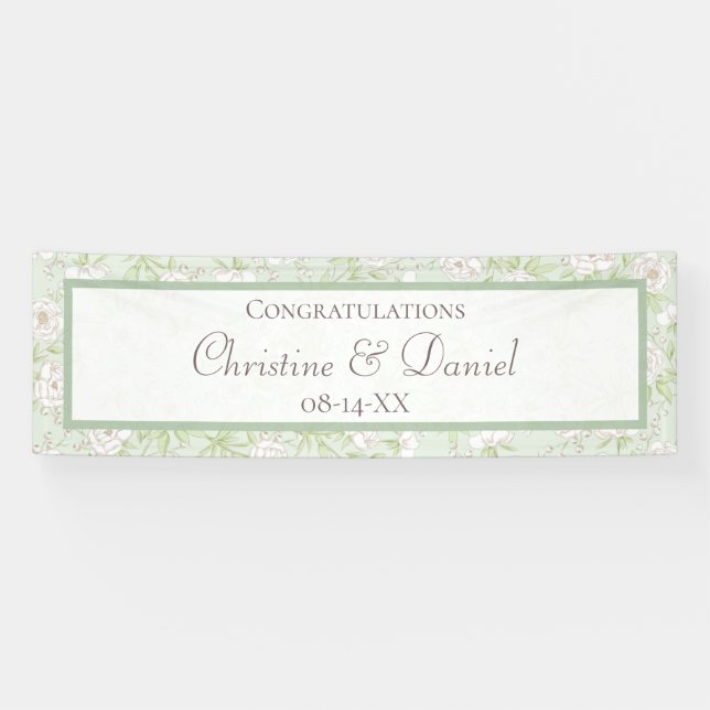 Sage Green White Rose Wedding Banner (Horizontal)