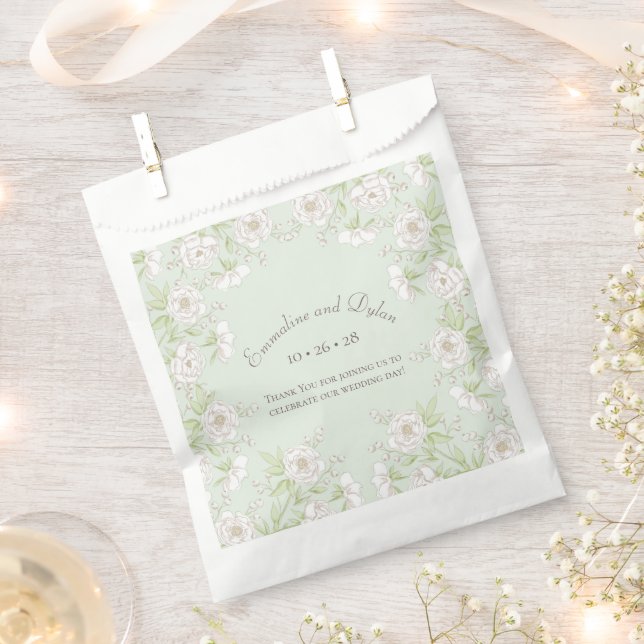 Sage Green White Rose Wedding Favour Bags (Clipped)