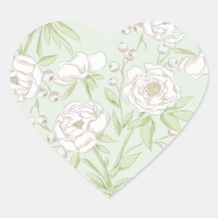 Sage Green White Rose Wedding Heart Sticker