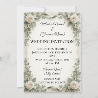 Sage Green & White Rose Wedding Invitation