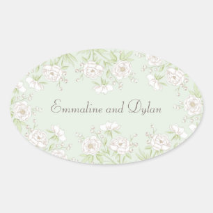 Sage Green White Rose Wedding Oval Sticker