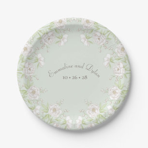 Sage Green White Rose Wedding Paper Plate