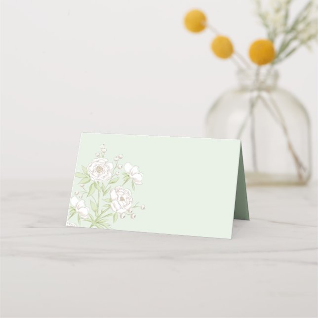 Sage Green White Rose Wedding Place Card (Front)