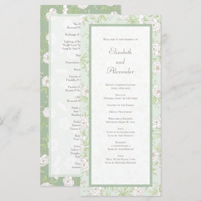Sage Green White Rose Wedding Programs Menu (Front/Back)