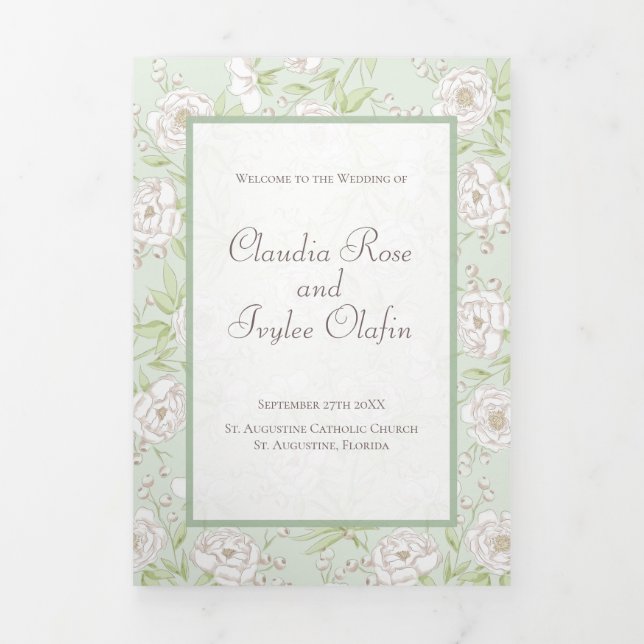 Sage Green White Rose Wedding Programs Tri-Fold Programme (Cover)