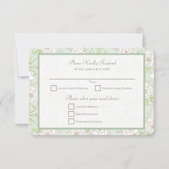 Sage Green White Rose Wedding RSVP Reply Invitation (Front)