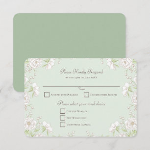 Sage Green White Rose Wedding RSVP Reply Invitation