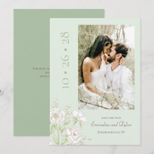 Sage Green White Rose Wedding Save the Date Invitation