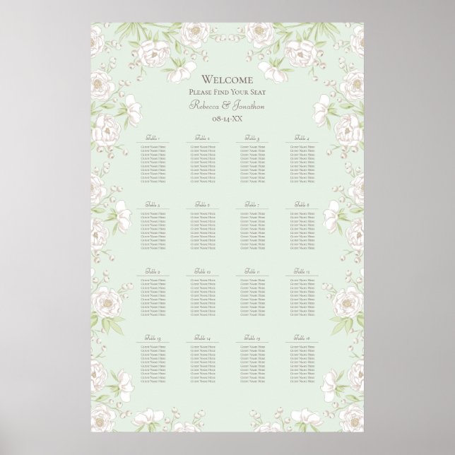 Sage Green White Rose Wedding Seating Chart (Front)