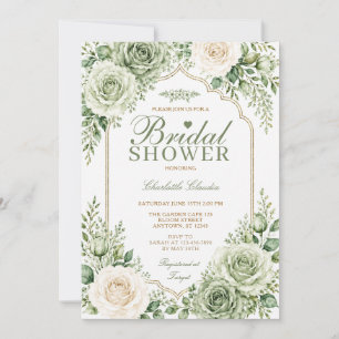 Sage Green White Roses Elegant Boho Bridal Shower Invitation