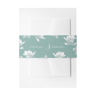 Sage Green White Roses Floral Wedding Invitation Belly Band
