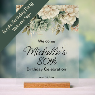 Sage Green White Roses Transparent 80th Birthday Acrylic Sign