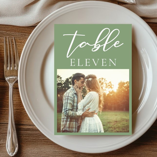 Sage Green White Script Couple Photo Wedding Table Number (Creator Uploaded)