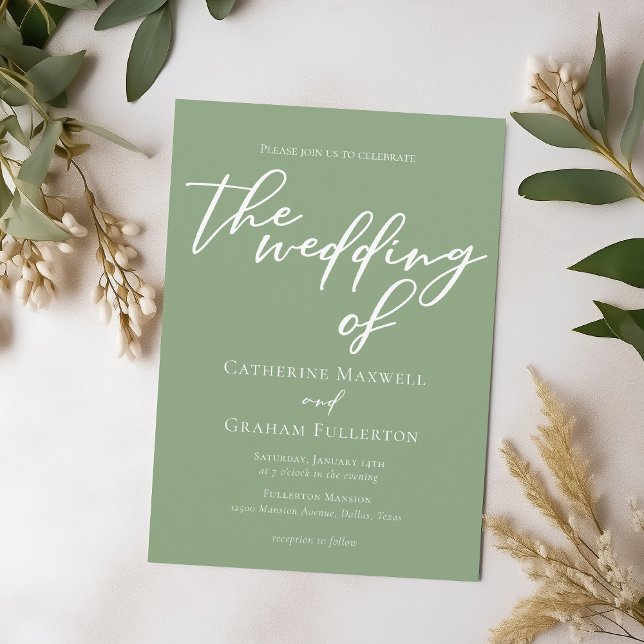 Sage Green White Script Minimalist Wedding  Invitation (Creator Uploaded)