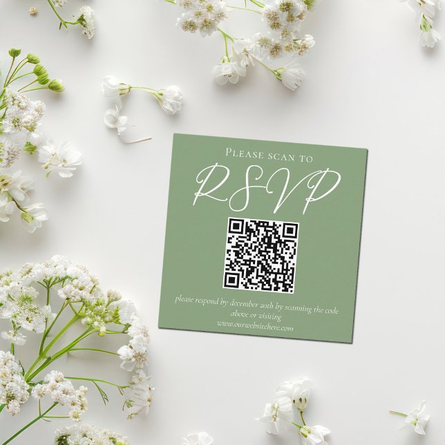 Sage Green White Script QR Code Wedding RSVP Enclosure Card (Creator Uploaded)