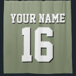 Sage Green White Sports Jersey Team Jersey Shower Curtain<br><div class="desc">Preppy Solid Colour Team Jersey / Sports Jersey / Football Jersey / Rugby Jersey with Custom Name Customise this with your own name or team name and a number. You can change the size, colour and placement of the text if you need to make changes, change the colour of or...</div>