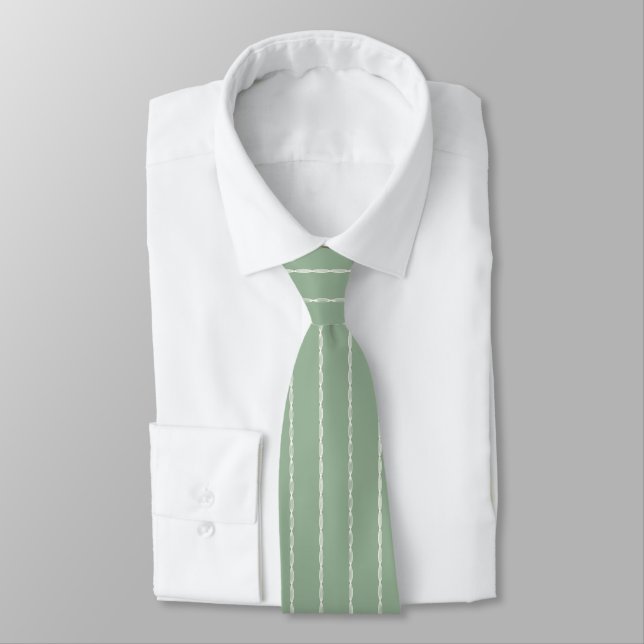 Sage Green White Stripe Pattern Necktie for Men (Tied)