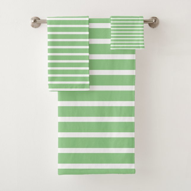 Sage Green White Stripe Spring Summer Custom Cute Bath Towel Set (Insitu)