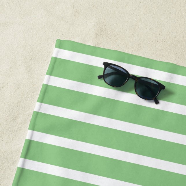 Sage Green White Stripe Spring Summer Custom Cute  Beach Towel (In Situ)