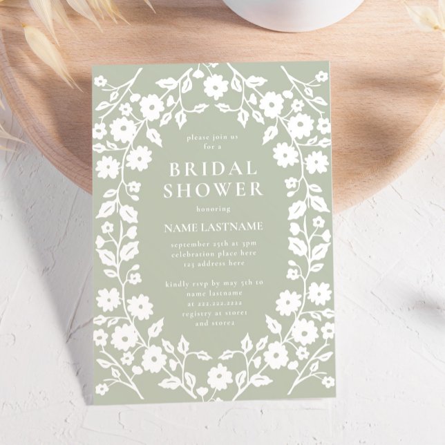 Sage Green White Stylish Folk Floral Bridal Shower Invitation (Creator Uploaded)